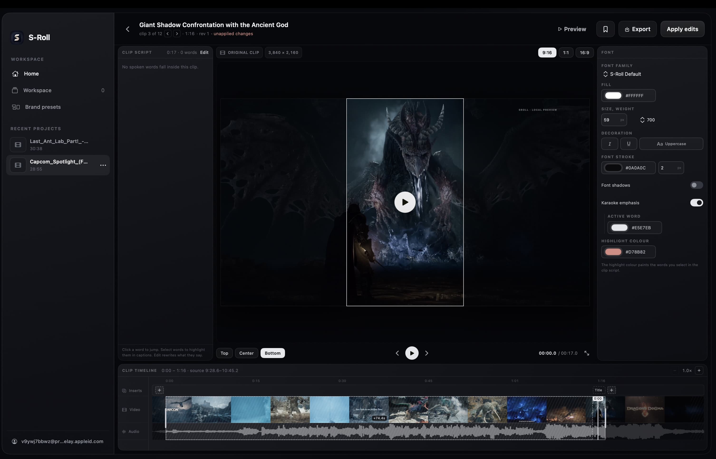 S-Roll keeping a dragon in frame while reframing gameplay for a vertical clip