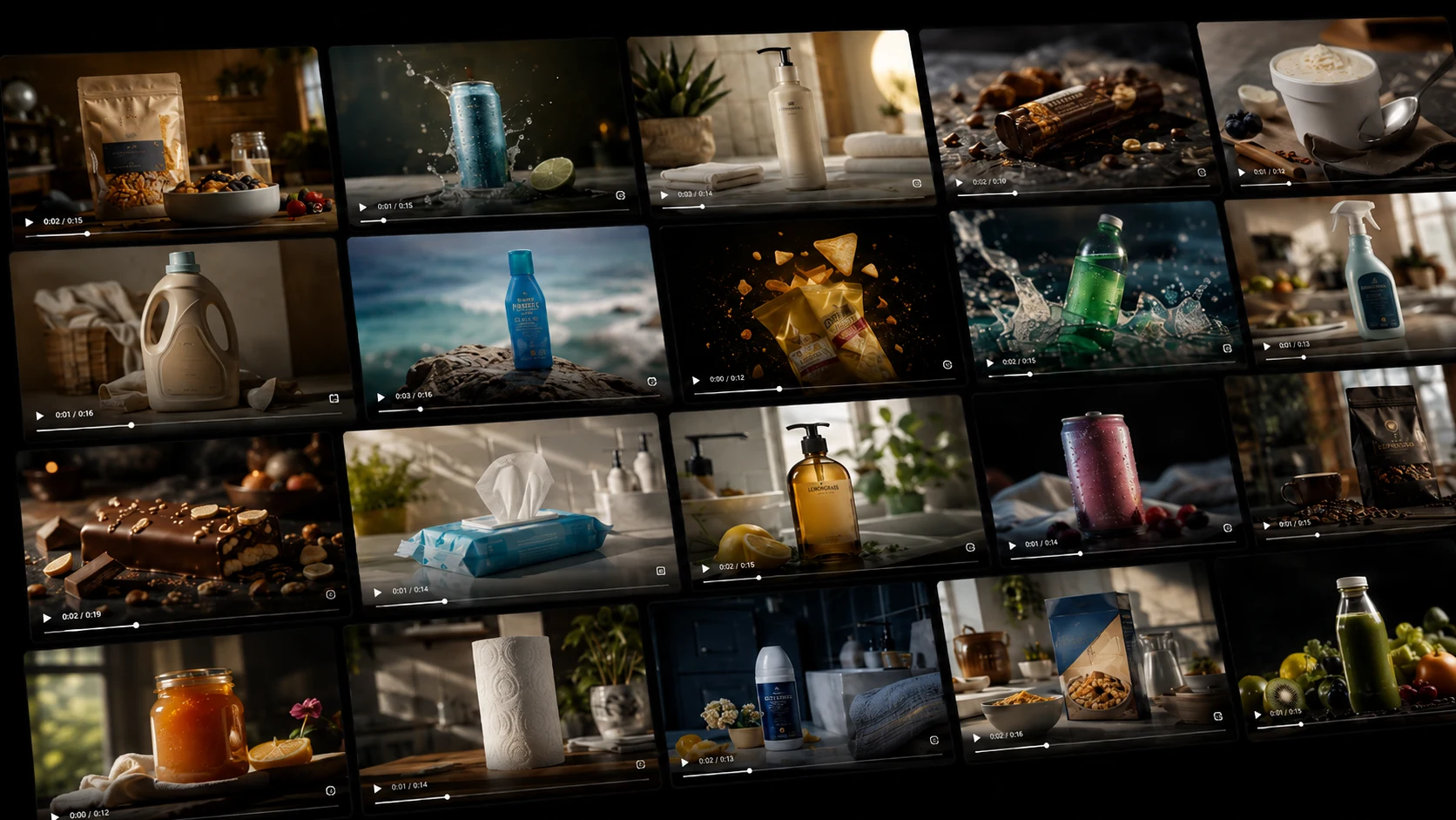A wall of AI-generated product ad video creatives