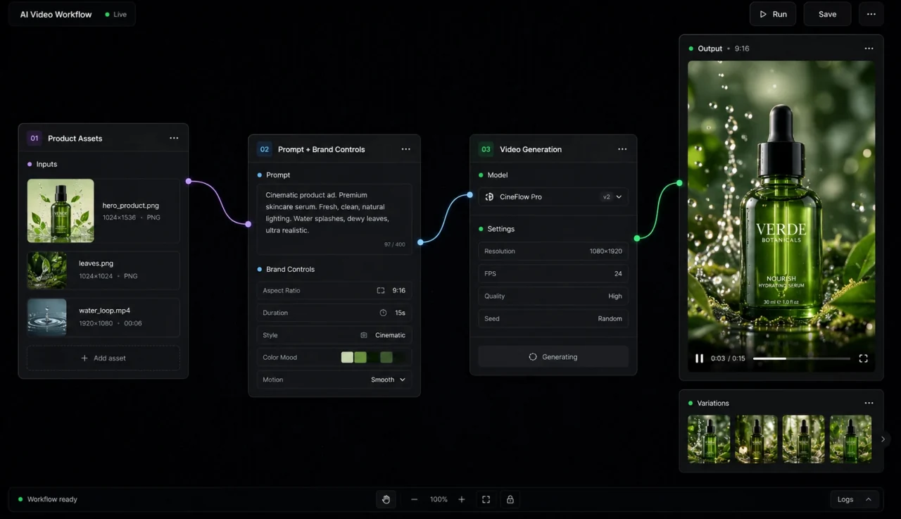 Saliency node-based AI video ad workflow: product assets, prompt and brand controls, video generation, and review-ready output